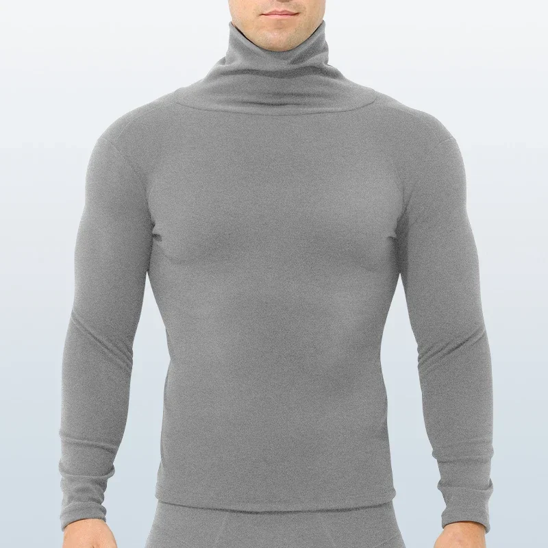 2pcs Lined and thickened thermal tops for men. Middle-high collar, warm and cold-proof, underwear base layer tops, slim-fit, sui