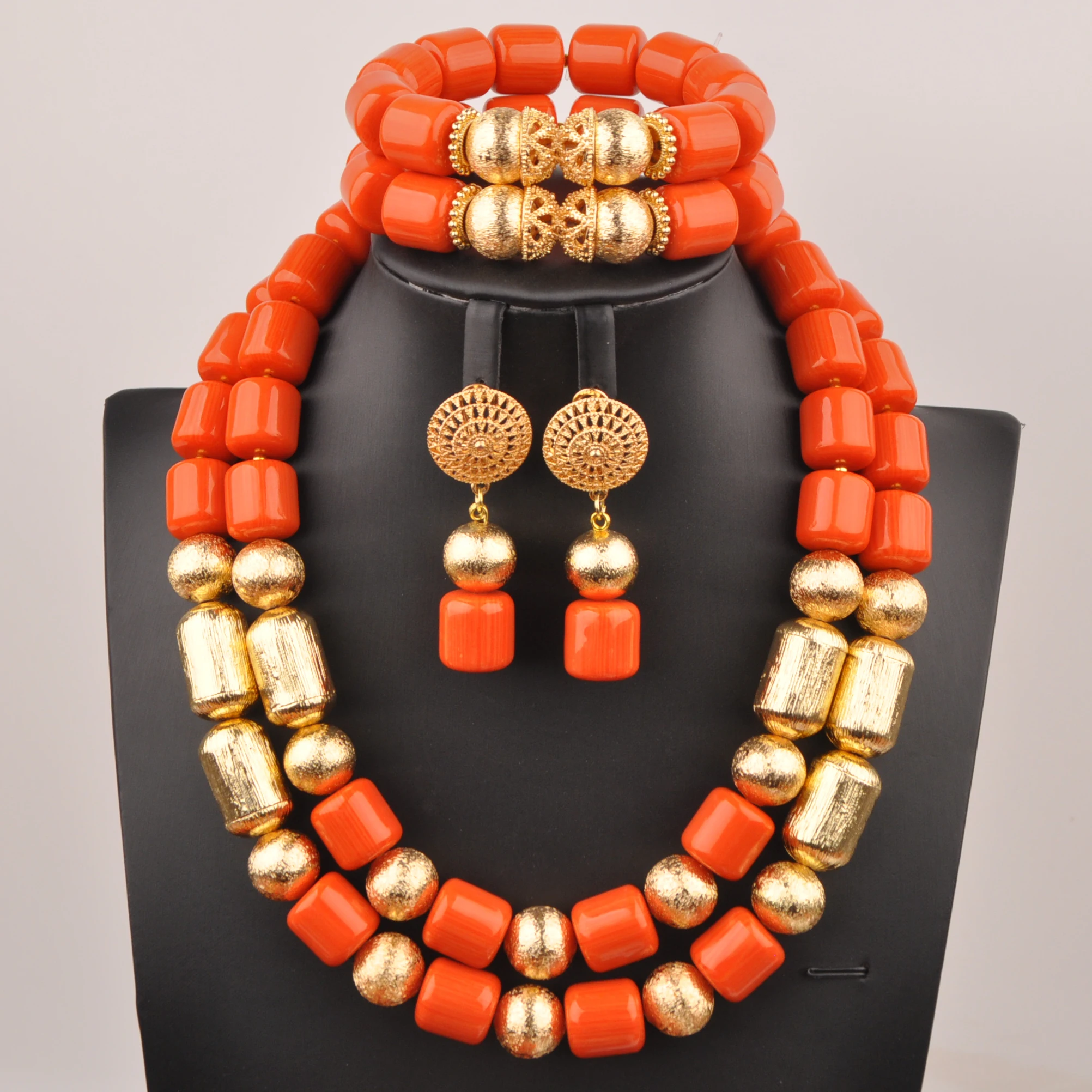 Nigeria Wedding Dress Accessories Fashion African Bridal Wedding Jewelry Orange Imitation Coral Necklace Set XIN-159