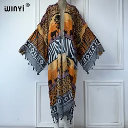 WINYI kimono print Women coat Loose tassels Long Dress Boho beach Holiday Swimming Cover Up party dresses luxury dubai abaya