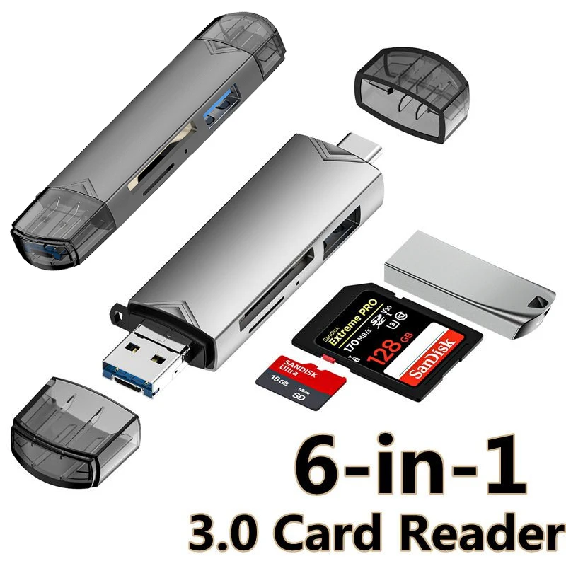 

OTG Type C SD TF Card Reader 6 in 1 USB 3.0 Micro USB Flash Drive Adapter 5Gbps High Speed Transfer Multifunctional Card Reader