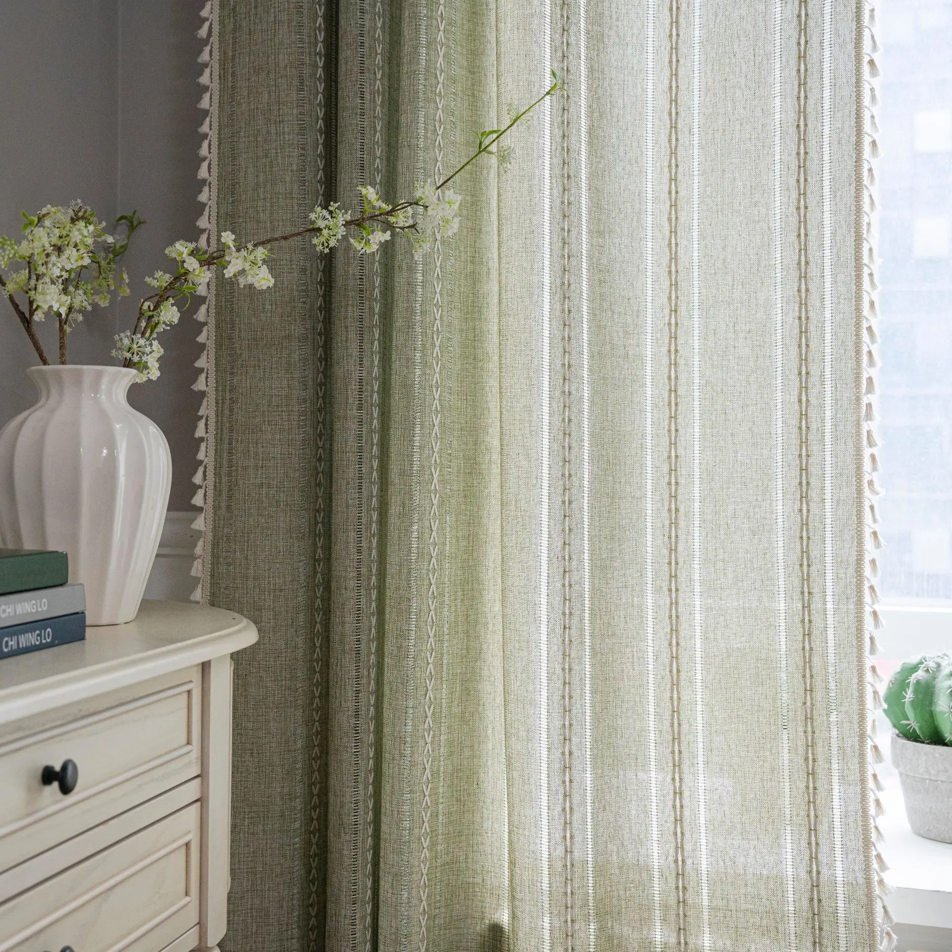 Cotton Linen Blending Curtains Road Pocket Shade Curtain Tassel for Kitchen Bedroom Living Room Bay Window Cabinet Curtain