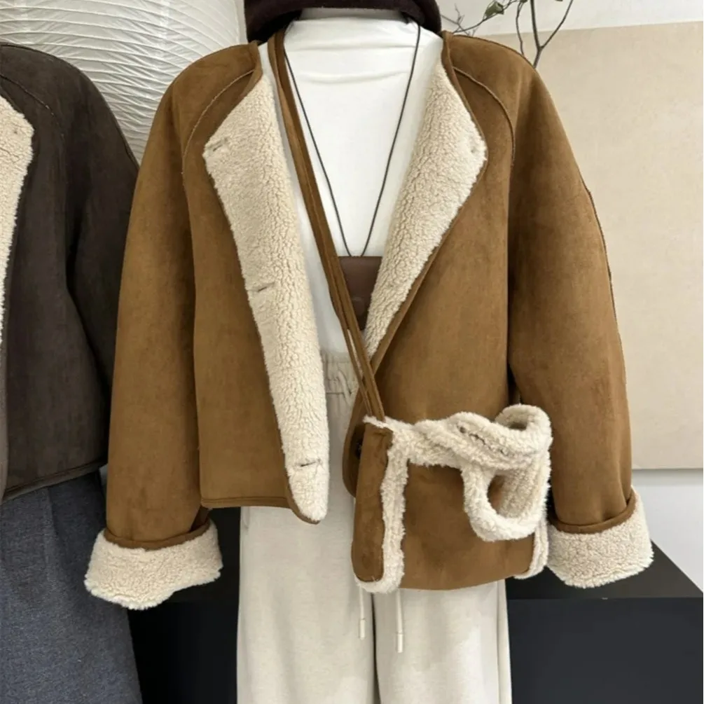 Women's Korean Faux Suede Short Coat Cotton-padded Thickened Warm Soft Jacket Top Overcoat Winter Preppy Office Commuter Outfits