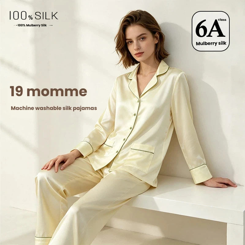 Women's 100% Mulberry Silk Pajamas Set 19 Momme Long Sleeve Machine Washable Luxury Sleepwear Comfortable Homewear Lounge Set