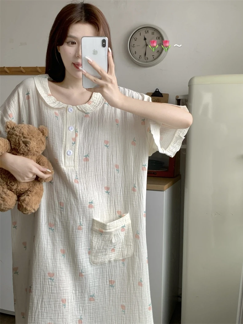 

Tulip Cotton Pajama Dress Women's Summer New Loose Sweet Home Clothes Short Sleeve Mid-Length Print Casual Home Style