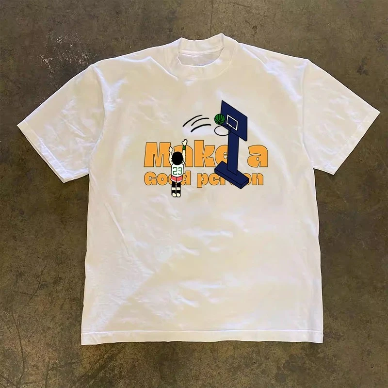 2026 New Cartoon Character Shooting Basketball Fun Letter Graphic Harajuku Style Cotton T Shirt