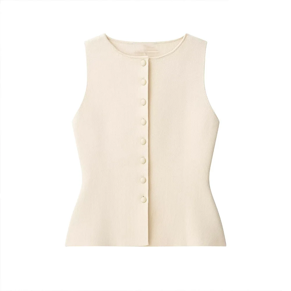 

Woman's Knitted Vest Round Neck Slim Sleeveless Solid Color Single-breasted Outerwear Vest Simple Early Autumn New Chic Top