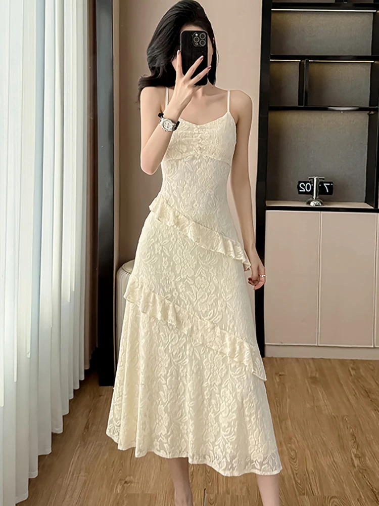 ผู้หญิงลูกไม้ Jacquard Chic Ruffled ชุดยาวฤดูร้อนสบายๆสลิงเซ็กซี่ชุด 2025 เกาหลีแฟชั่น Bodycon Party Dress