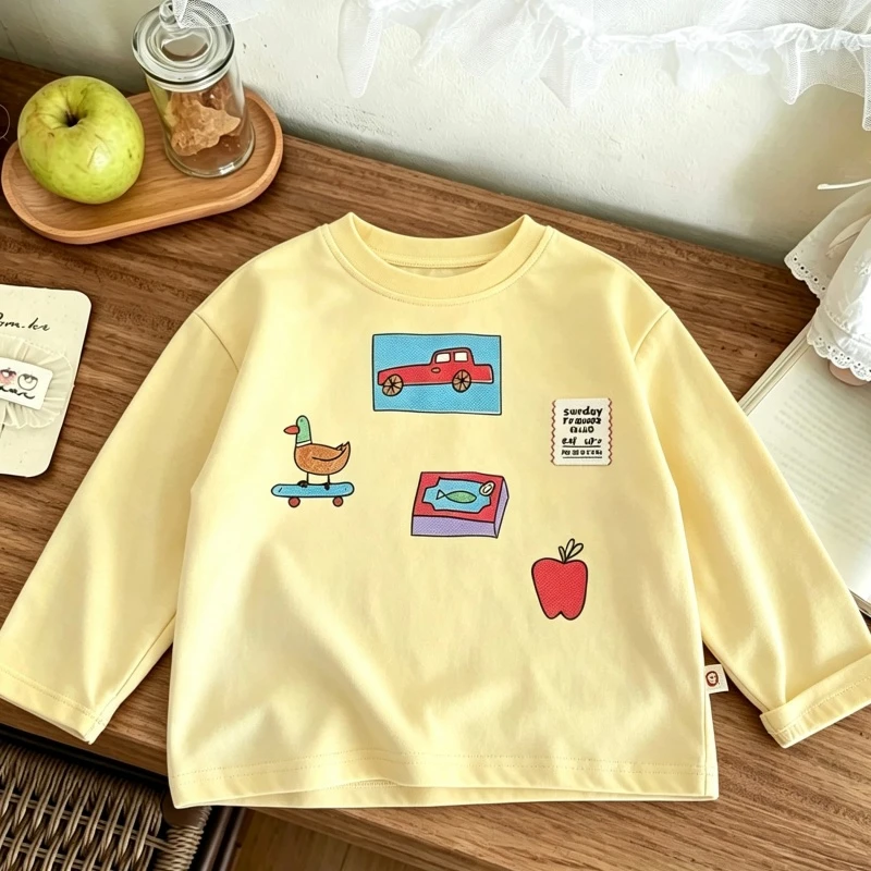 Yellow T-shirt For Little Boys Girls Cartoon Fashion Tees Long-sleeved Tops Outer Wear Baby New Design Printed Bottoming Shirt