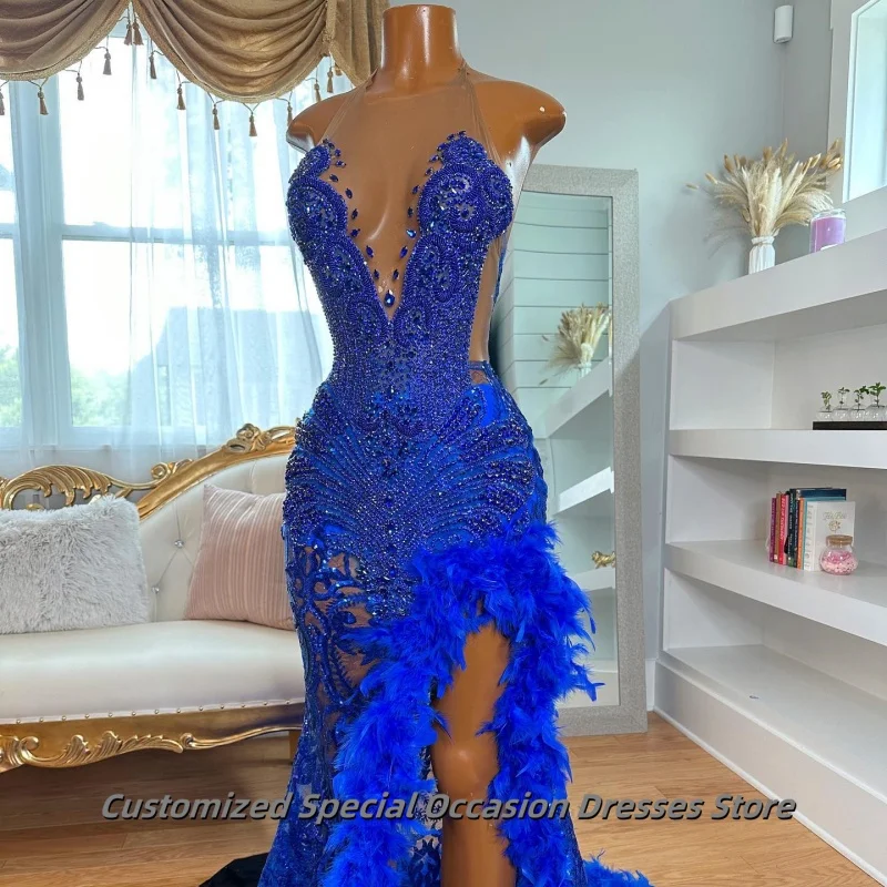 Luxurious Blue Feathers Long Mermaid Prom Gowns O Neck Sequined Birthday Party Gala Sexy Evening Dress For women 2025 Customized