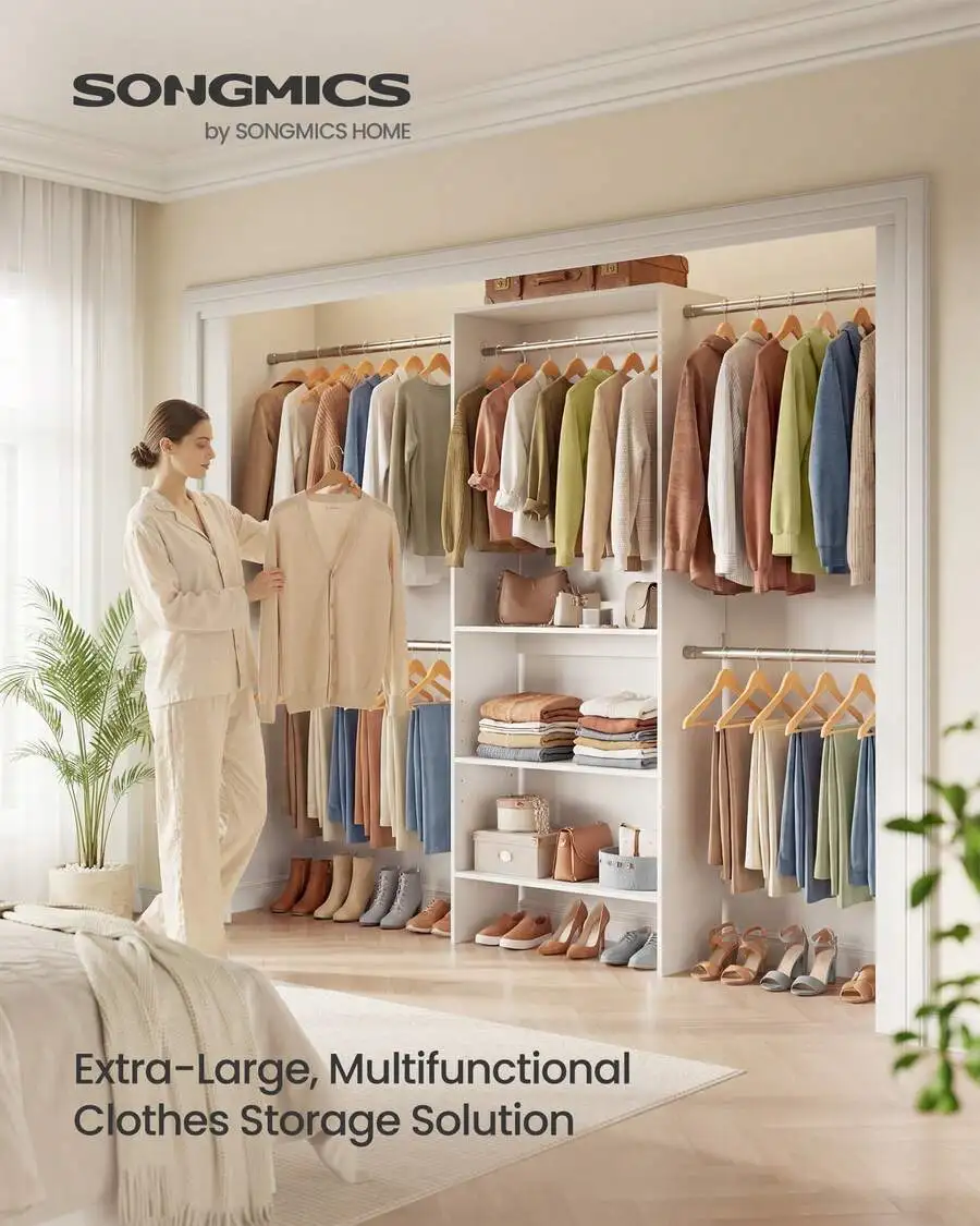 Closet System, Customizable Walk-In Closet Organizer System Fits Spaces 6.5-10.2 Ft With Adjustable Hanging Rods