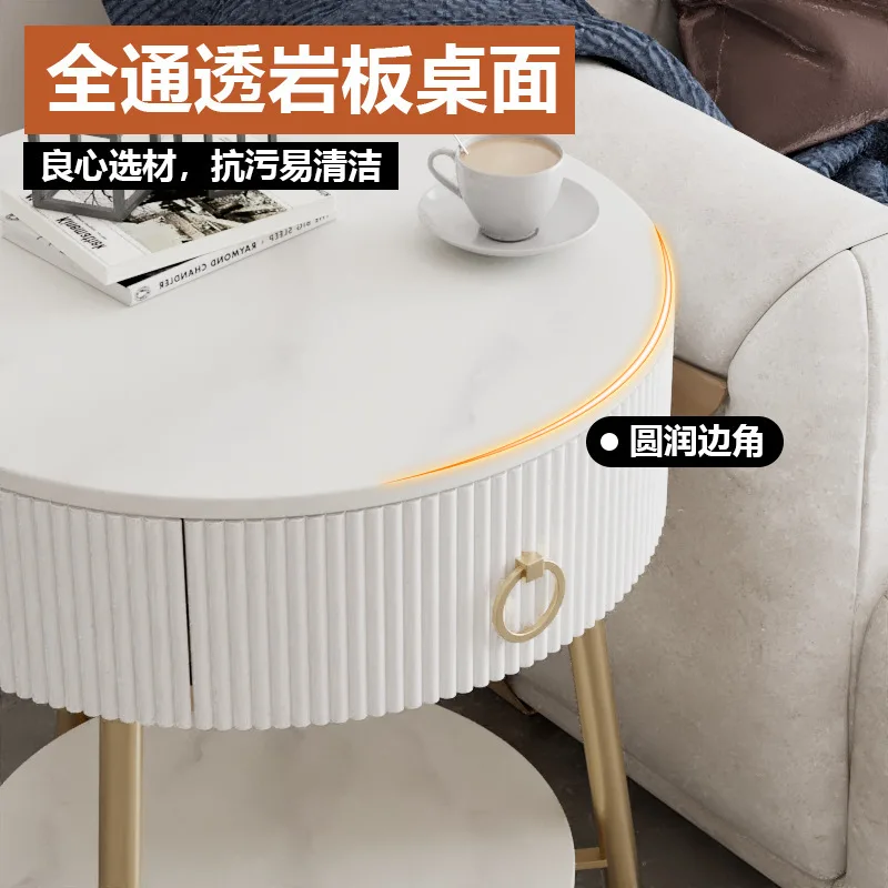 AOLIVIYA Bedroom Bedside Table Nightstand Sofa Side Cabinet Round Slate Drawer Storage Small Coffee Table Light Luxury Modern