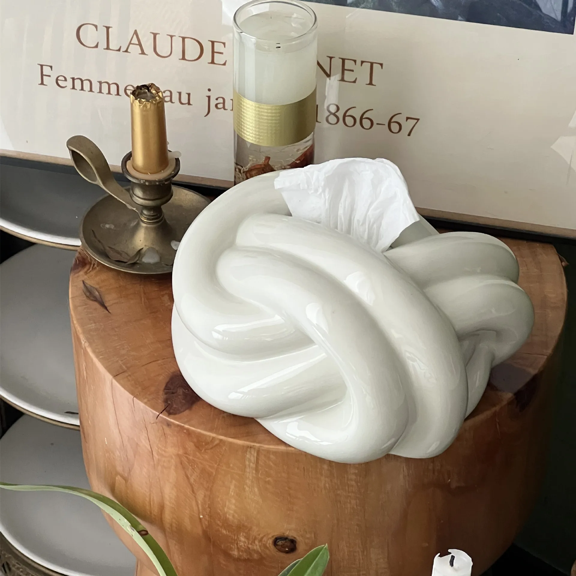 Household Tissue Box Ceramic Fun Knot European Modern Abstract Coffee Table Desktop Cream Color Nordic Decorative Tissue Case