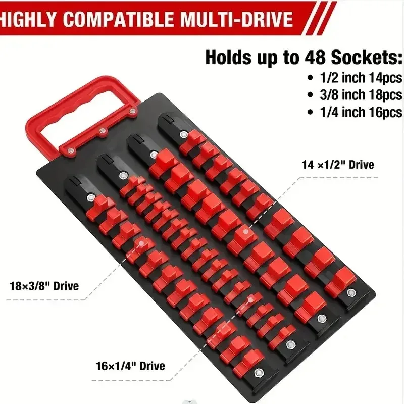 

48/80pcs Drive Socket Organizer Tray with Handle, 1/4 3/8 1/2 Heavy Duty Socket Holder Rails, Portable Toolbox Hardware Parts