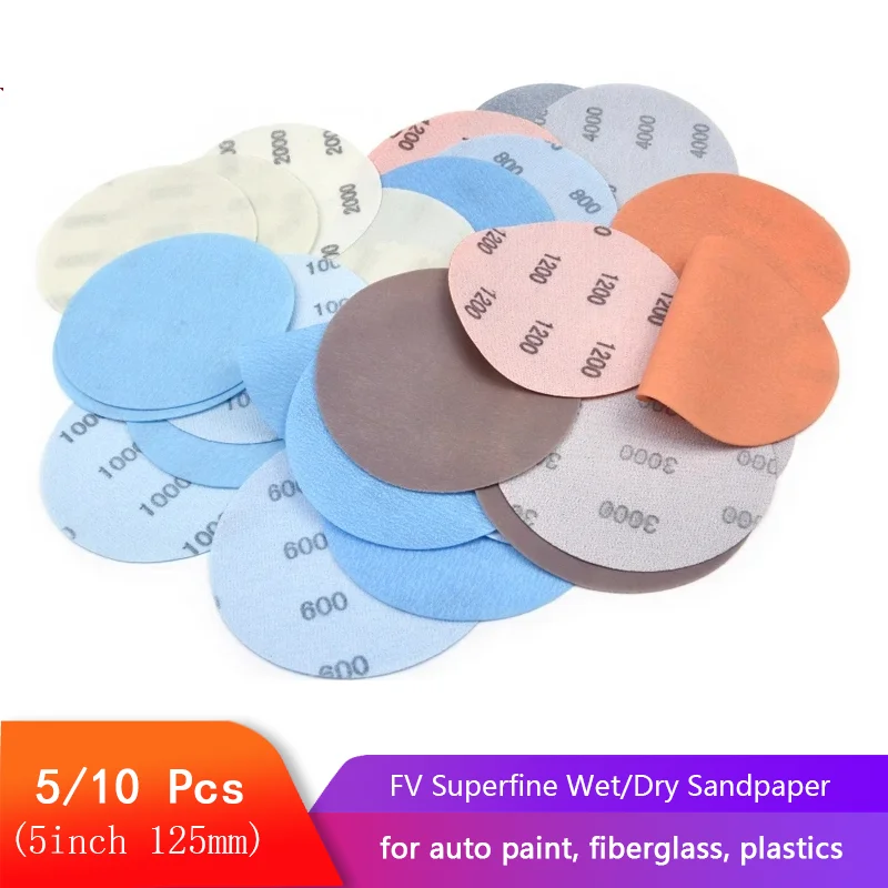 

5/10PCS 5 Inch FV Superfine Sandpaper Wet/Dry Sanding Discs Hook & Loop Auto Body Film Paint Abrasive Sand paper, 600#-5000#