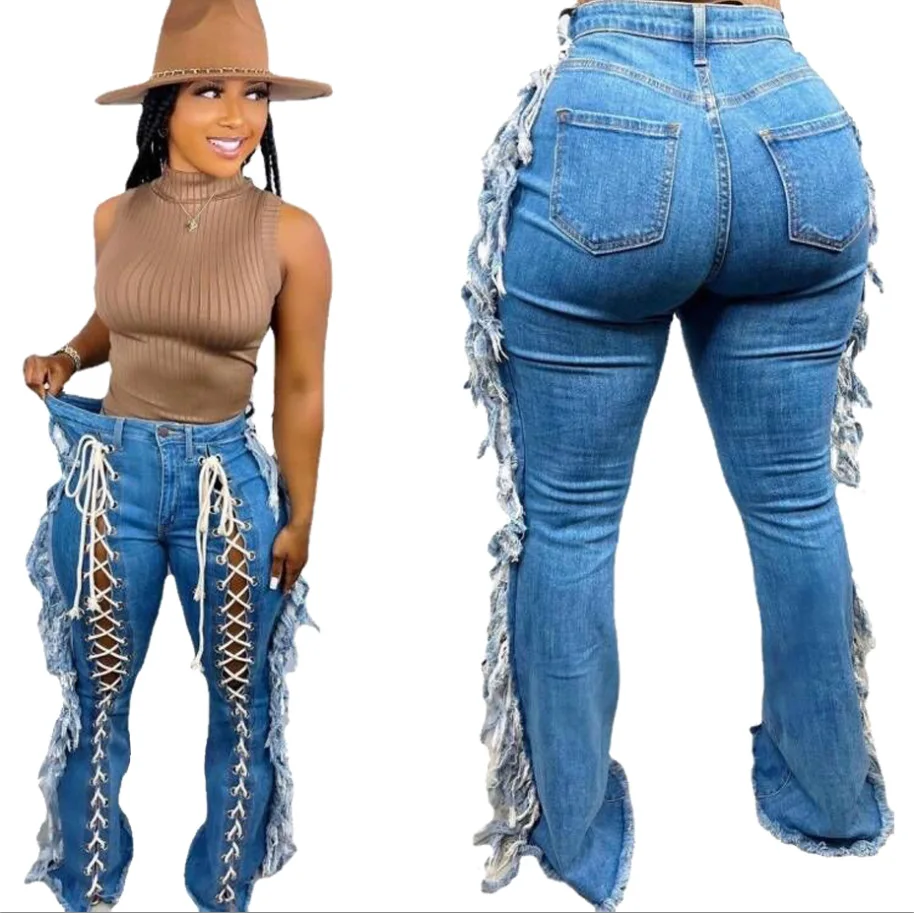 2022 New Women\'s Sexy Tassel Bandage Jeans High Waist Lace Up Cotton Jeans Blue Black