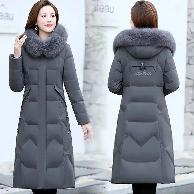 

2023 Winter New High end Women's Down Coat Solid Color Long Knee Thickening Slim Fit Mom's Hooded Fur Collar Warm Female Coat V9