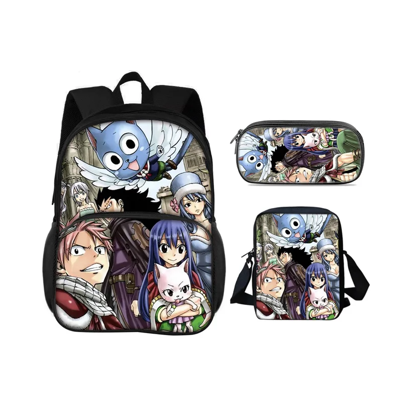 FAIRY TAIL Round Front Bag Backpack Pen Bag Shoulder Bag 3Pcs Set Cartoon Anime Printed Student Boys and Girls New Versatile