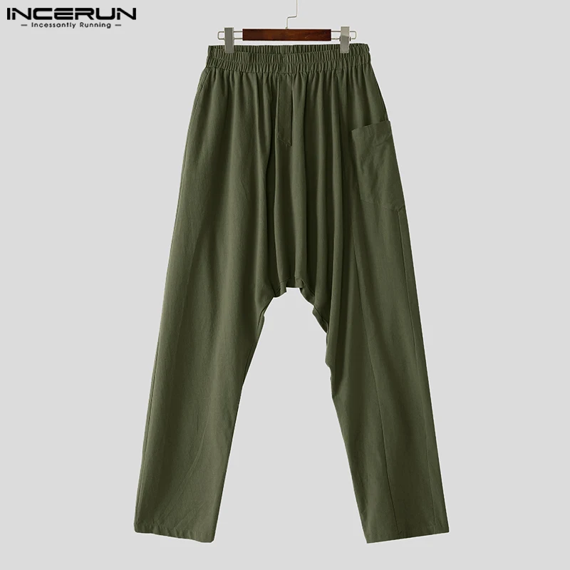 INCERUN-pantalones largos informales para hombre, moda americana, con entrepierna colgante, Color sólido, para vacaciones, sencillos y elegantes, 2024