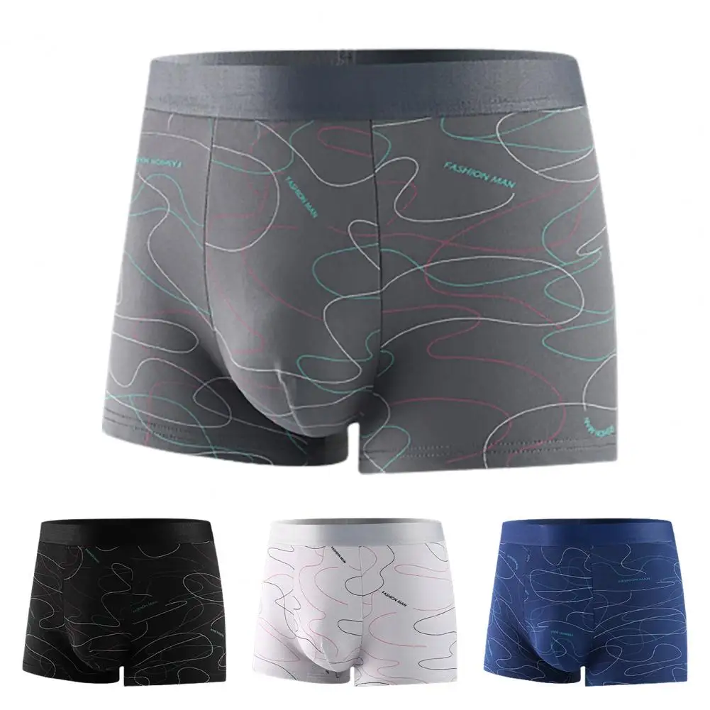 Boxershorts Men Cotton Underwear Men Line Print Underpants U Convex Panties Elastic Waistband Mid-rise Breathable Shorts Briefs