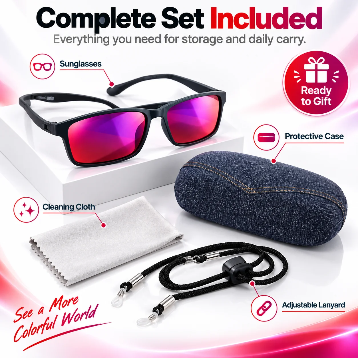 Color Vision Support Sunglasses for Red-Green Color Weakness, Lightweight Contrast-Enhancing Glasses with Case
