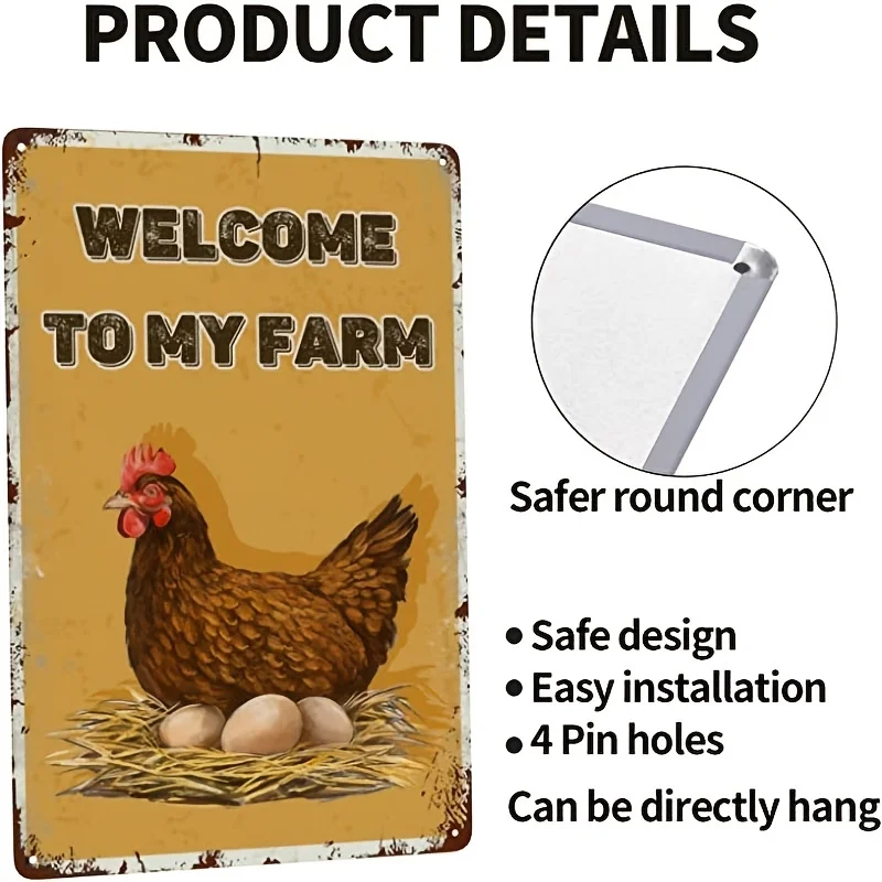 1pc Chicken Hen Welcome To My Farm Metal Sign, Vintage Metal Tin Sign, Bar Wall Decor, Fun Vintage Pattern Home Decor Tin Painti