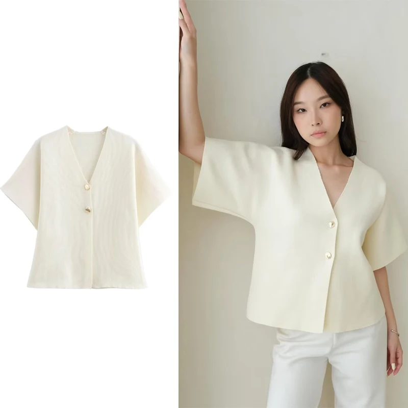 

Белое пальто с короткими рукавами, укороченный женский жилет, лето 2024, свитера с v-образным вырезом, элегантные женские вязаные жилеты на пуговицах, женские повседневные топы