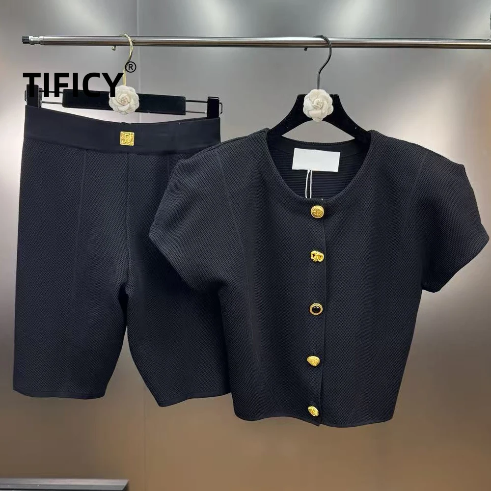 

Комплект костюма High Street, осенний женский однобортный топ с круглым вырезом и короткими рукавами в сочетании с шортами, тонкий вязаный комплект из двух предметов