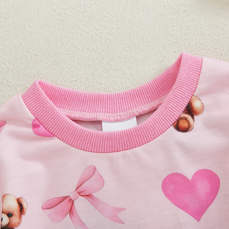 طفلة 2 قطعة ملابس الربيع طويلة الأكمام جولة الرقبة الدب القوس طباعة رومبير مع عقال مجموعة ملابس الرضع