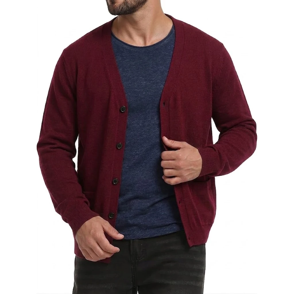 Neuer Herren-Cardigan mit langen Ärmeln, Knopfleiste, V-Ausschnitt, Strickware, lässiger Pullover, einfarbig, leichte Oberbekleidung mit Taschen. – Detail 14