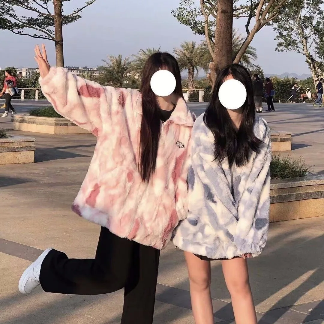 Tie Dye Lamb Wool Coat for Women New Loose Fit Student Thick and Plush Zipper Stand Up Collar Top