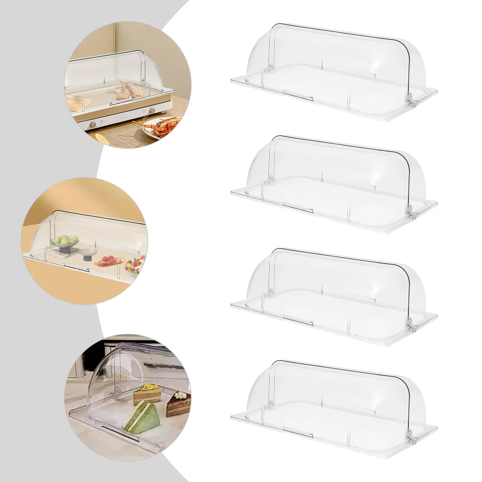 4 Rolo superior transparente para prato de atrito 1/1 de tamanho completo, capa de exibição de panela de padaria, prato de bolo, tampa de prato de servir, à prova de exibição de alimentos