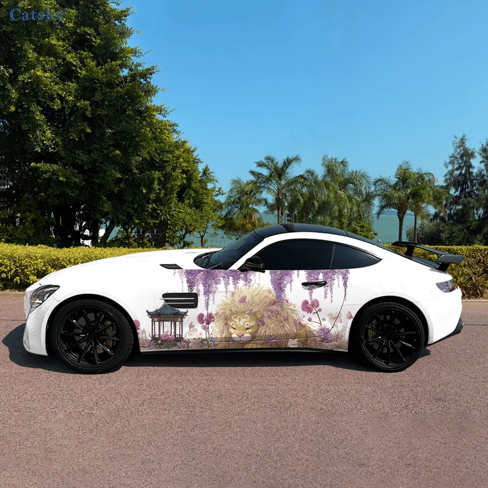 

Luxury White Lion Flowers Car Vinyl Wraps Decal Self-adhesive PVC Sticker Suitable for Trucks SUV Decor Auto Accessories Gift