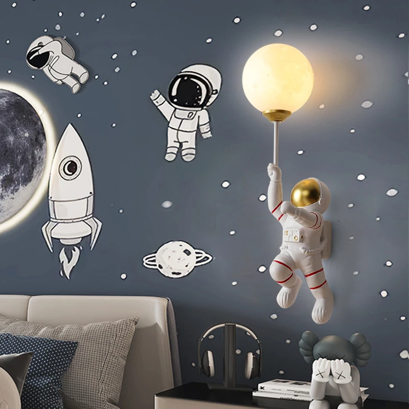 Cartoon Astronaut Wall Lamp Bedroom Modern Resin Space Man LED Wall Light for Living Room Decor Children's Room Kids Wall Sconce