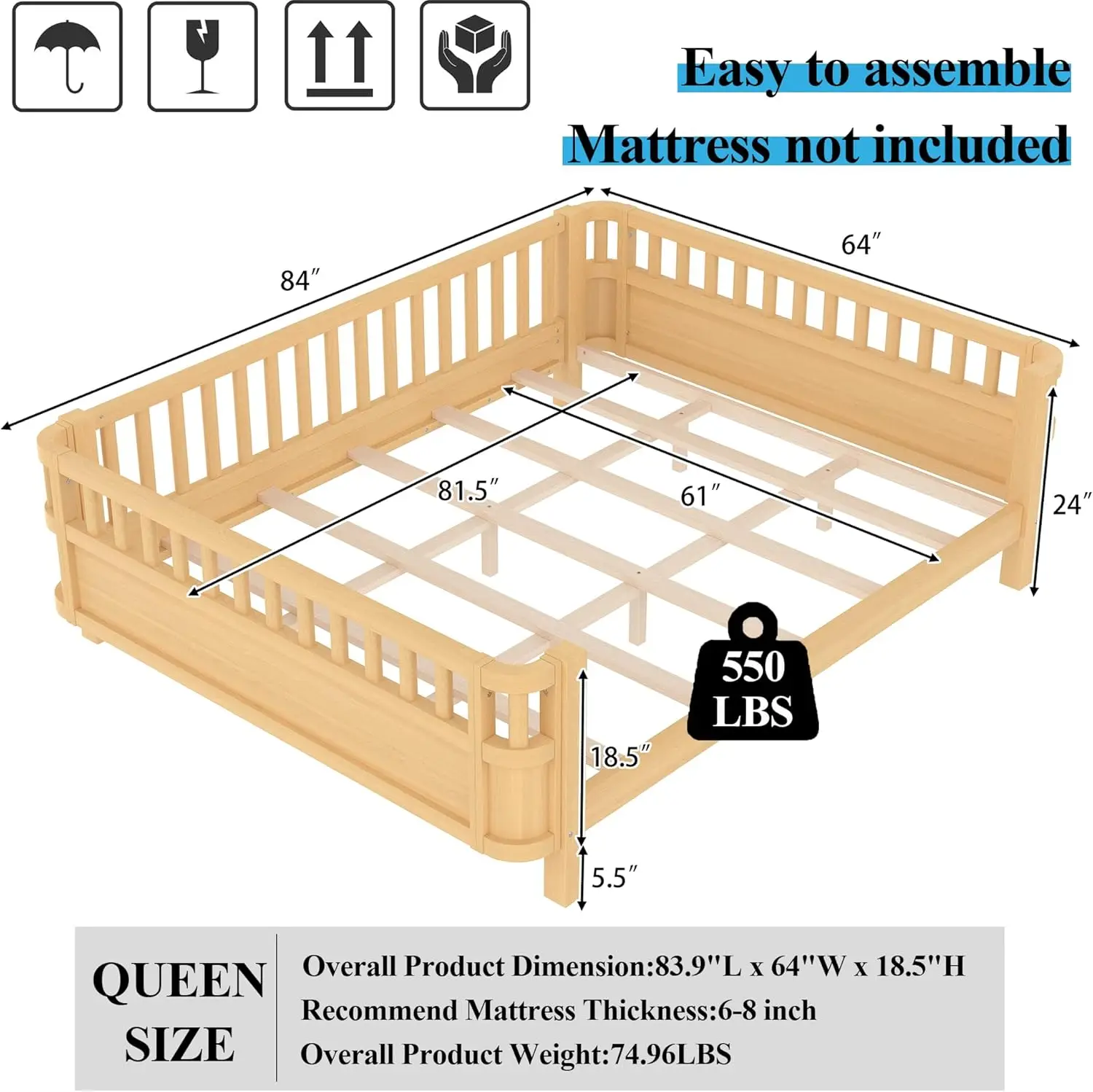 Wood Montessori Queen Bed with Detachable Fences, Kids Daybed Frame, Low Profile & Rounded Corners, Natural