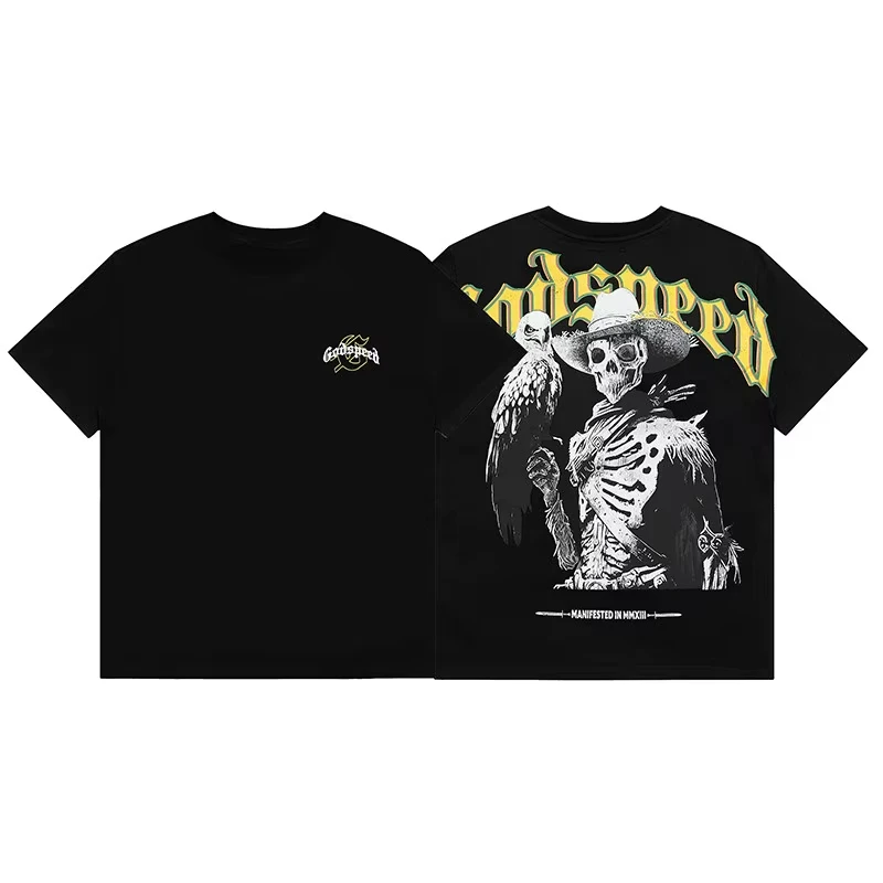 2026 New Arrival Men Women Retro Cracked Texture Cowboy Skull Print T-shirt Casual Loose Short Sleeve Street Cotton Tee