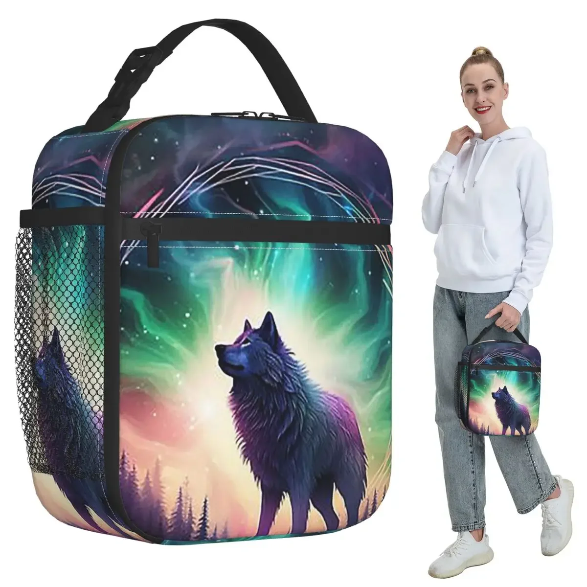 Wolf Northern Light Aurora Borealis Scenery Mountains Rivers Trees Insulated Lunch Bag Box Tote Leakproof Lunch Boxes Container