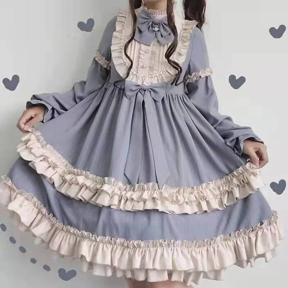 

Classical Vintage Lolita Dress for Women Soft Sisters Temperament Long Sleeve Girls Op Sweet Cute Daily Bow Ruffle Dress