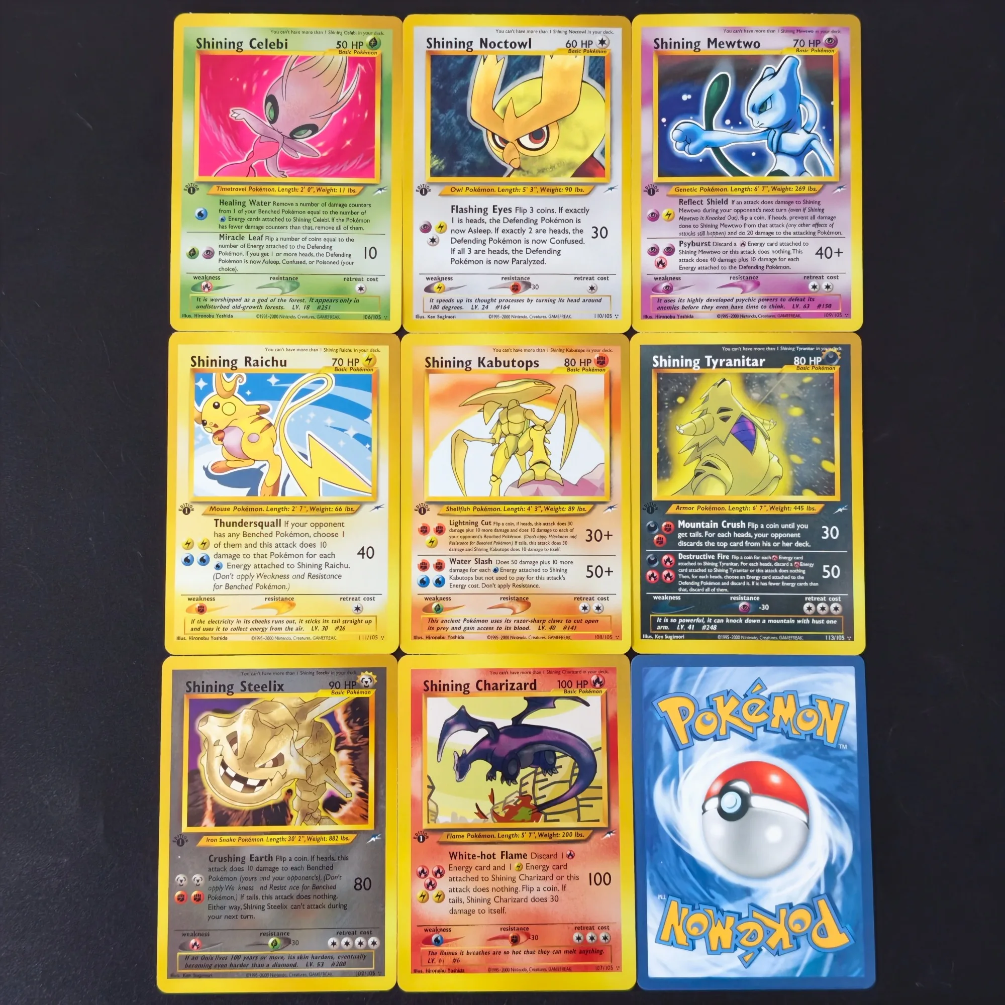 Cartes Pokémon Holo Shining Proxy TCG Neo Destiny, Cartes Shining Charizard, Mewtwo, Celebi, Raichu, Tyranitar, Steelix, Kabutops, Cadeau