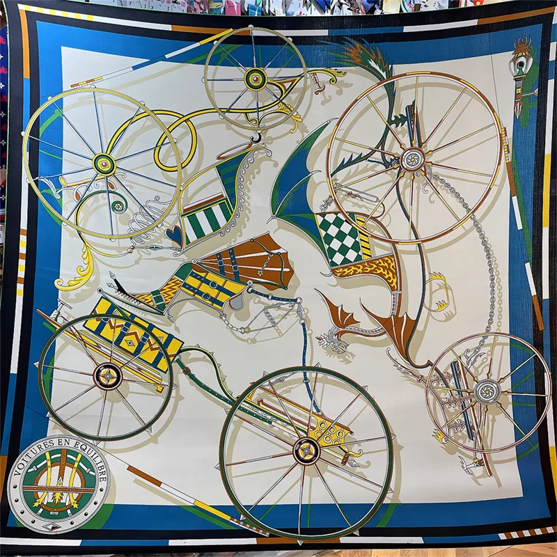 POBING Silk Cashmere Scarf Women Hand Rolled Carriage Wheel Print Square Scarves Wraps Bandana Big Hijabs Female Foulard 135CM