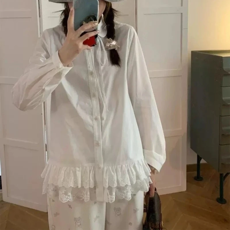 

Japanese Style Lace Patchwork Elegant Long Sleeve Shirts Y2k Autumn Loose Casual Korean Fashion Blouse 2000s Vintage Lolita Chic