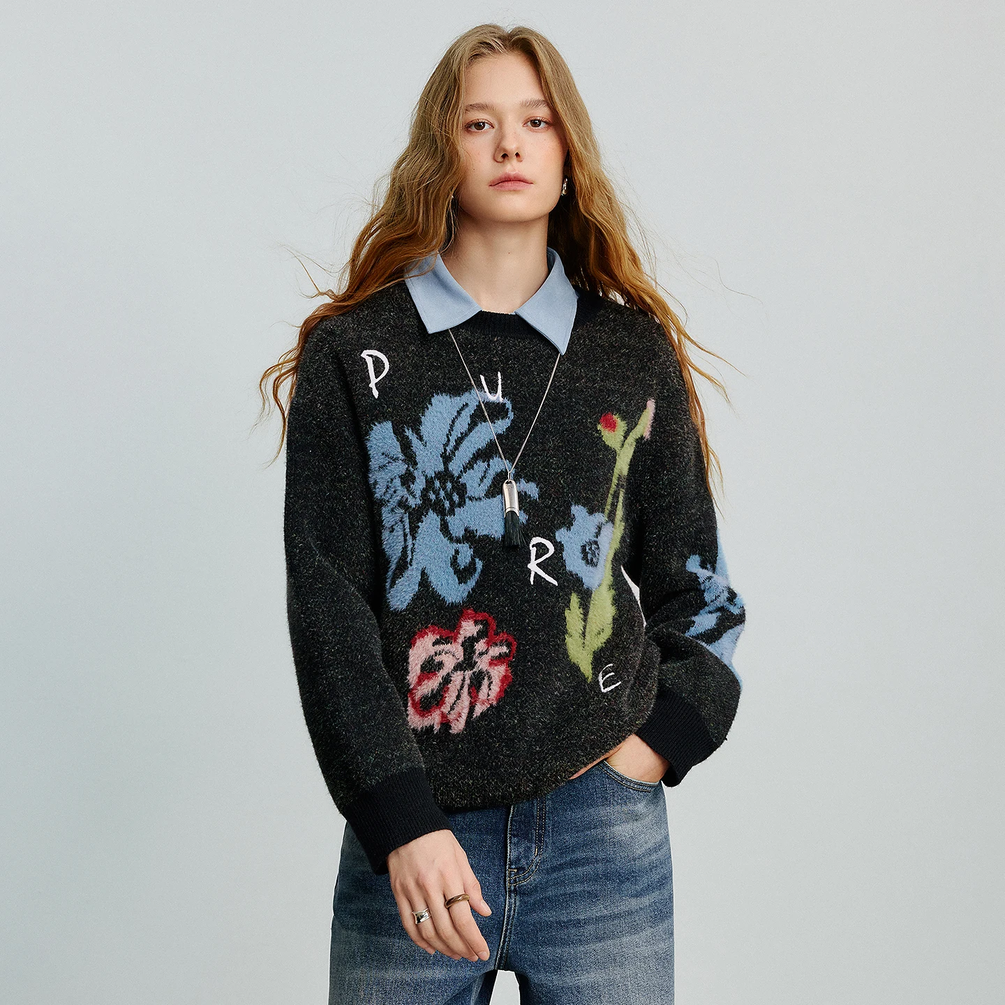 TOYOUTH سترة نسائية 2025 خريف جديد مخملي نمط الأزهار الجاكار كم طويل البلوز القمم