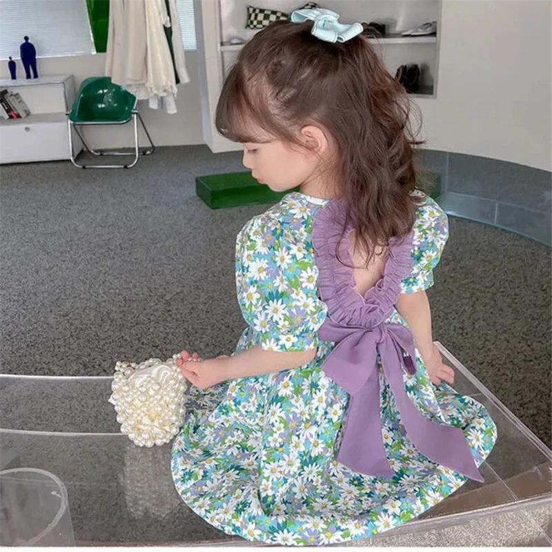 Bow-knot Baby Sweet Short-sleeved Dress Small Fresh Floral Girls Dress Pure Cotton Summer Breathable Children's Round Neck Dress