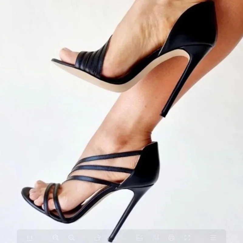 

Black Strappy Sandals Side Cutouts Open Toe Thin Heels Summer Shoes Hollow Cross Strap Banquet Runway Shoes Plus Size46