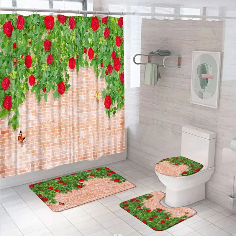 Wall Brick Green Vine Shower Curtain Sets Garden Botanical Plant Spring Scenery Bathroom Curtains With Bath Mat Rug Toilet Cover