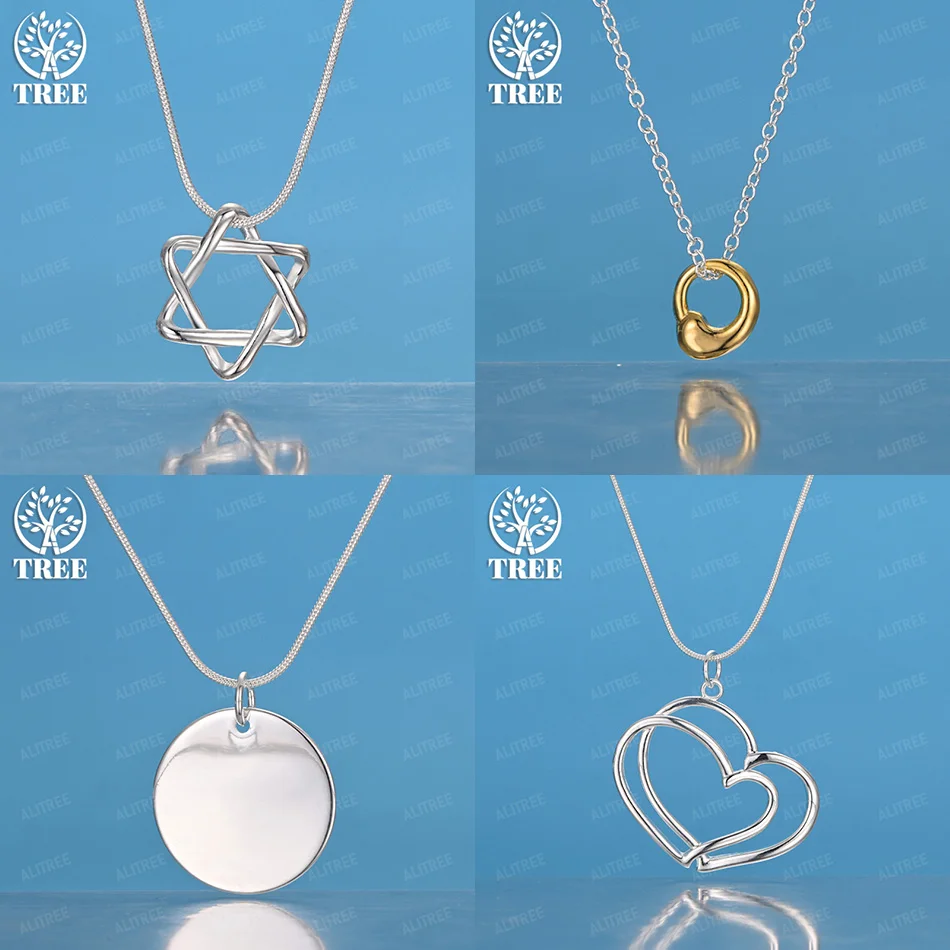 

New 925 Sterling Silver Round Heart Star Of David Waterdrop Pendant Necklace 4 Chains Women Fashion Party Wedding Jewelry Gift