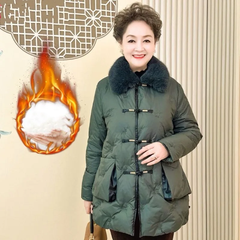 

Новый стиль средней длины, верхняя одежда для пожилых людей среднего возраста, женский костюм Тан, утепленная зимняя зимняя пуховая куртка для мам на хлопковой подкладке