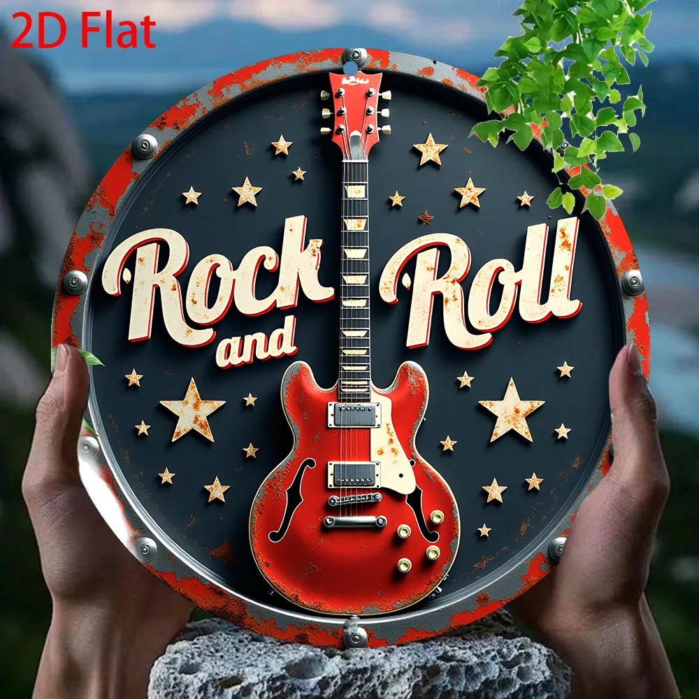 Vintage Rock and Roll Red Guitar 2D Flat Tin Sign - Retro Starry Wall Decor for Music Room, Man Cave, Bar and Home Studio