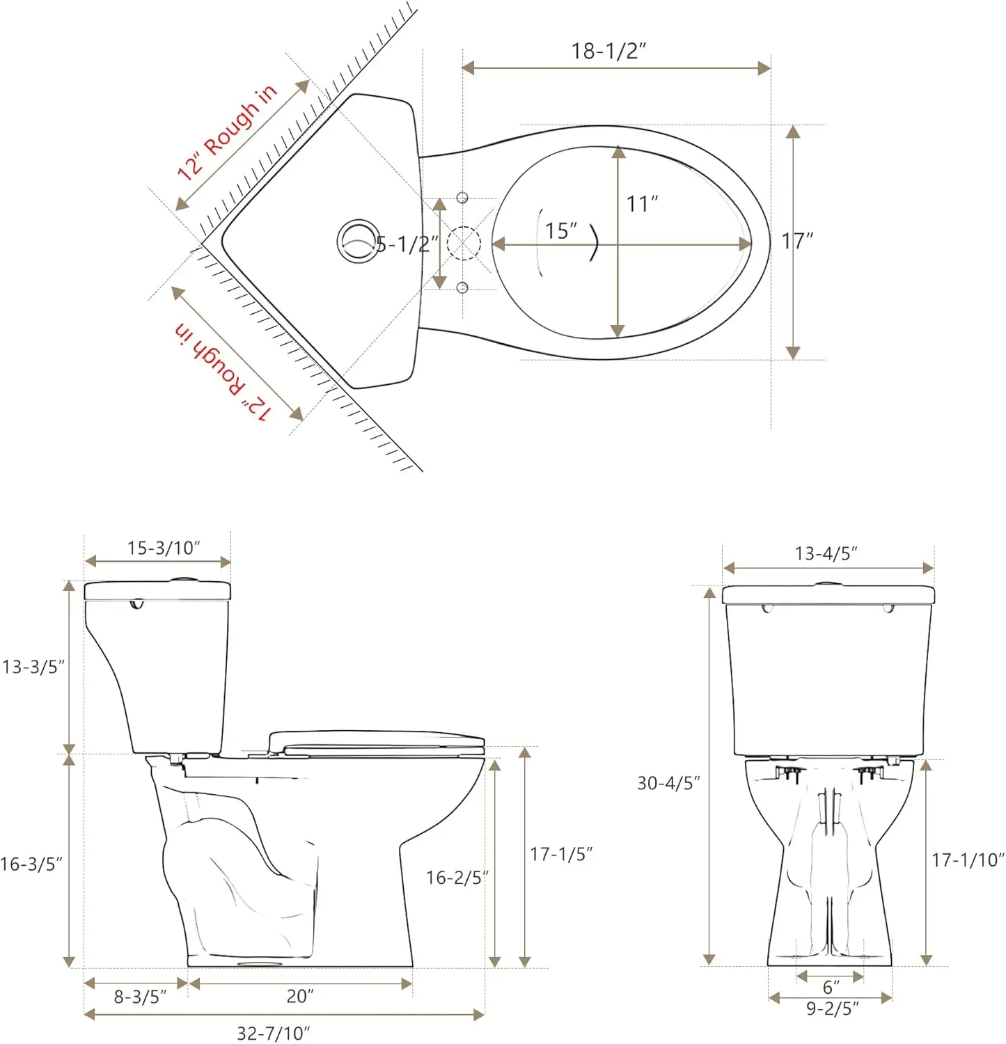 Elongated Corner Toilet, Compact 17.2