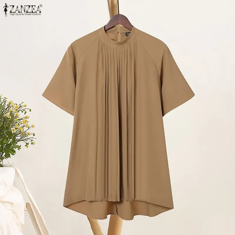 

2026 ZANZEA, модная летняя плиссированная блузка с короткими рукавами, женские длинные топы, элегантная однотонная рабочая рубашка с воротником-стойкой, женская Mujer Oversize