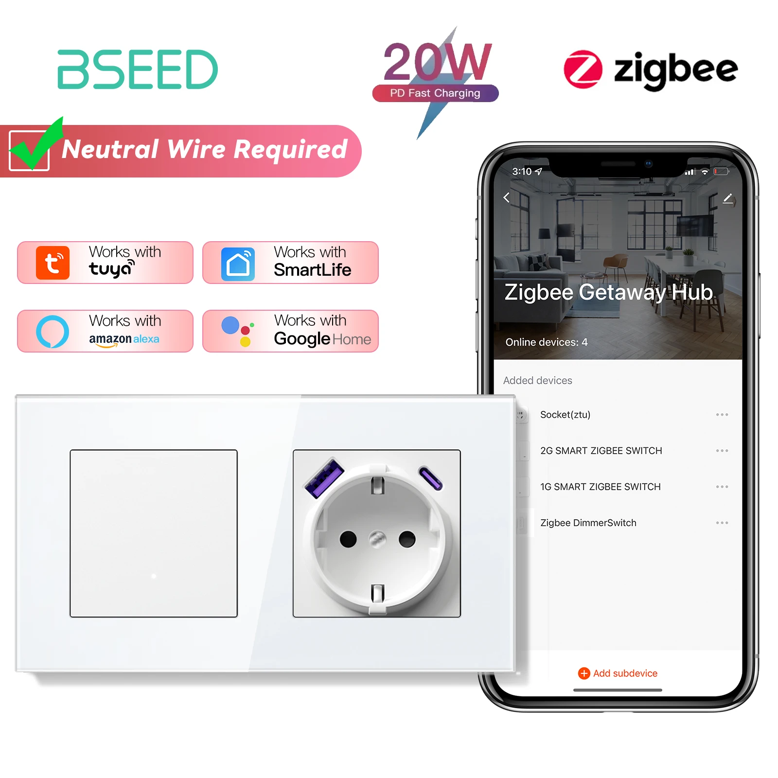 BSEED Zigbee 1/2/3Gang Tuya Lichtschalter Smart Click Buttons Smart Life Alexa App Plus EU-Buchsen USB-C-Anschlüsse ohne Zigbee 5